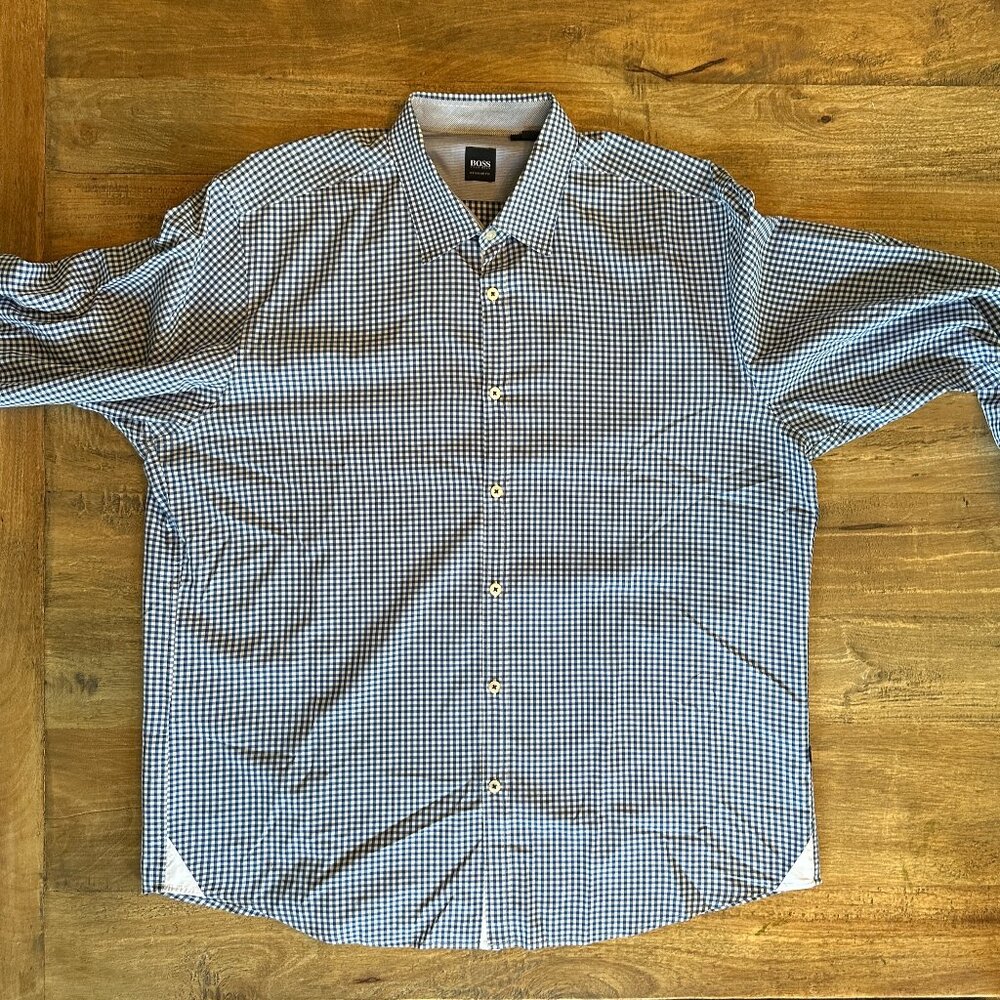 HUGO BOSS Dress Shirt (2XL) Blue Check Regular Fit Cotton Dress Shirt